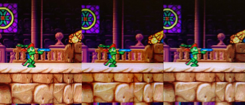 A 640x480 screenshot on an old 24” 1080p LCD monitor (Samsung 2494HS) with different input signals. Left: HDMI. Center: VGA. Right: VGA with less “sharpness”.