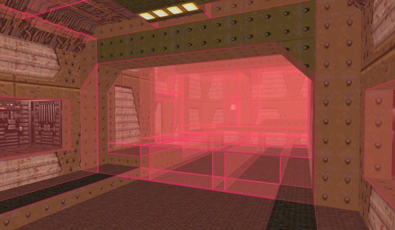 Quake’s first map viewed in the TrenchBroom map editor with portals shown in red. As you can see, not just doorways act as portals.