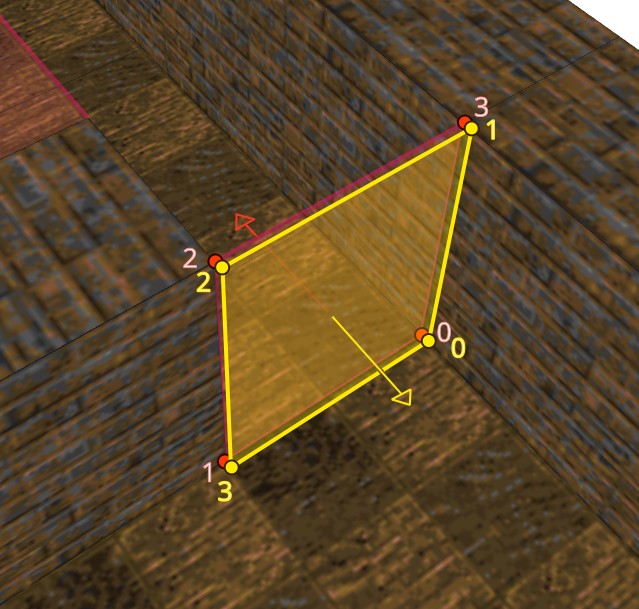 Each input portal is split into a so called forward (red) and backward (yellow) portal before processing. There’s a small gap here for demonstration purposes but actually they overlap. The arrows show the directions the portals can be seen through.