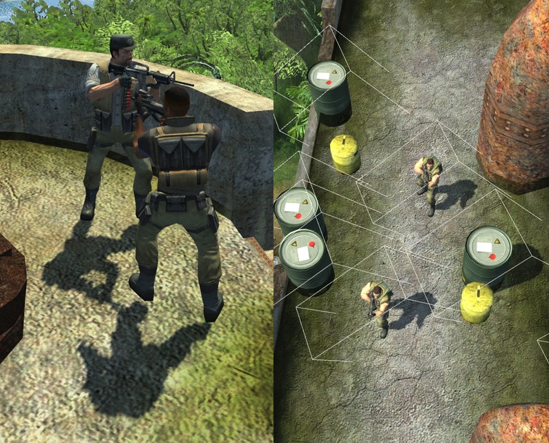 Far Cry (2004, PC) uses shadow maps for dynamic shadows. Left: Sun shadows in game. Right: A debug view. The shadows will be cast only on objects intersecting the white boxes.